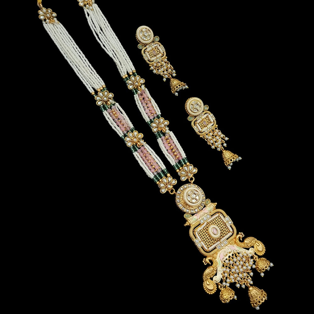 NAFJ Gold Plated Pota Stone & Beads Long Meenakari Necklace Set