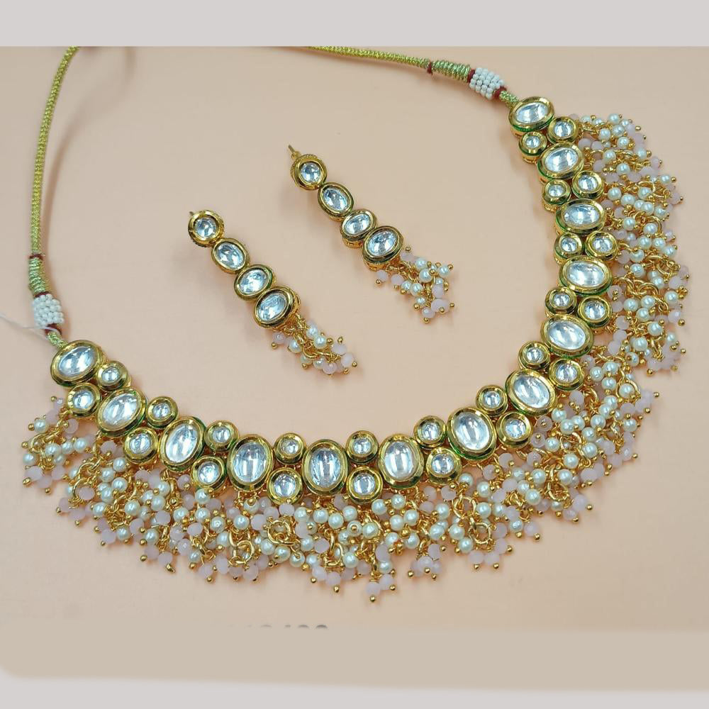 NAFJ Gold Plated Kundan Stone And Pearls Necklace Set