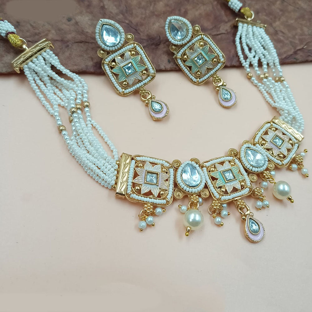 NAFJ Gold Plated Pota Stone And Meenakari Choker Necklace Set