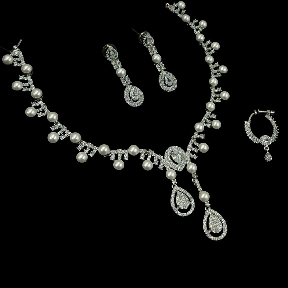 NAFJ Silver Plated Austrian Stone And Beads Necklace Set