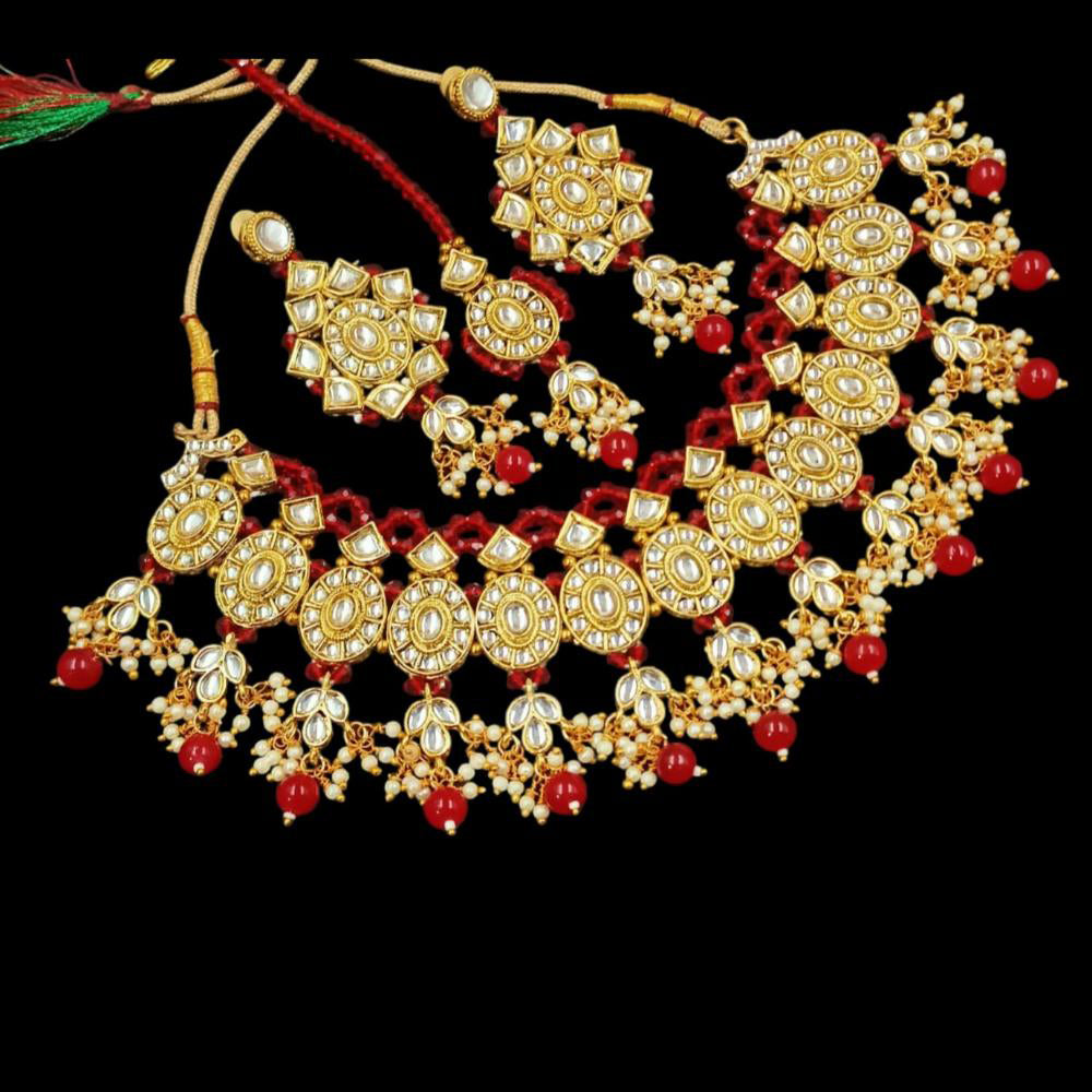 NAFJ Gold Plated Kundan Stone Pearl And Beads Necklace Set
