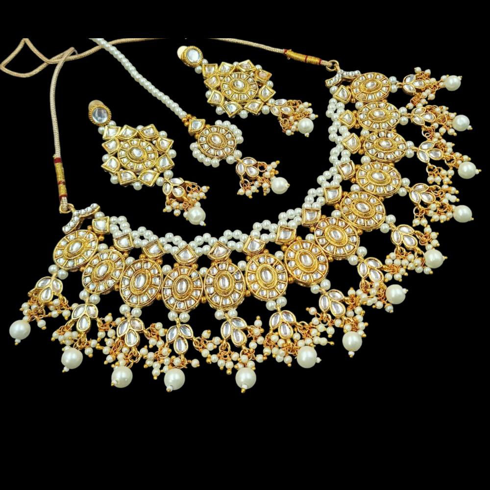 NAFJ Gold Plated Kundan Stone Pearl And Beads Necklace Set