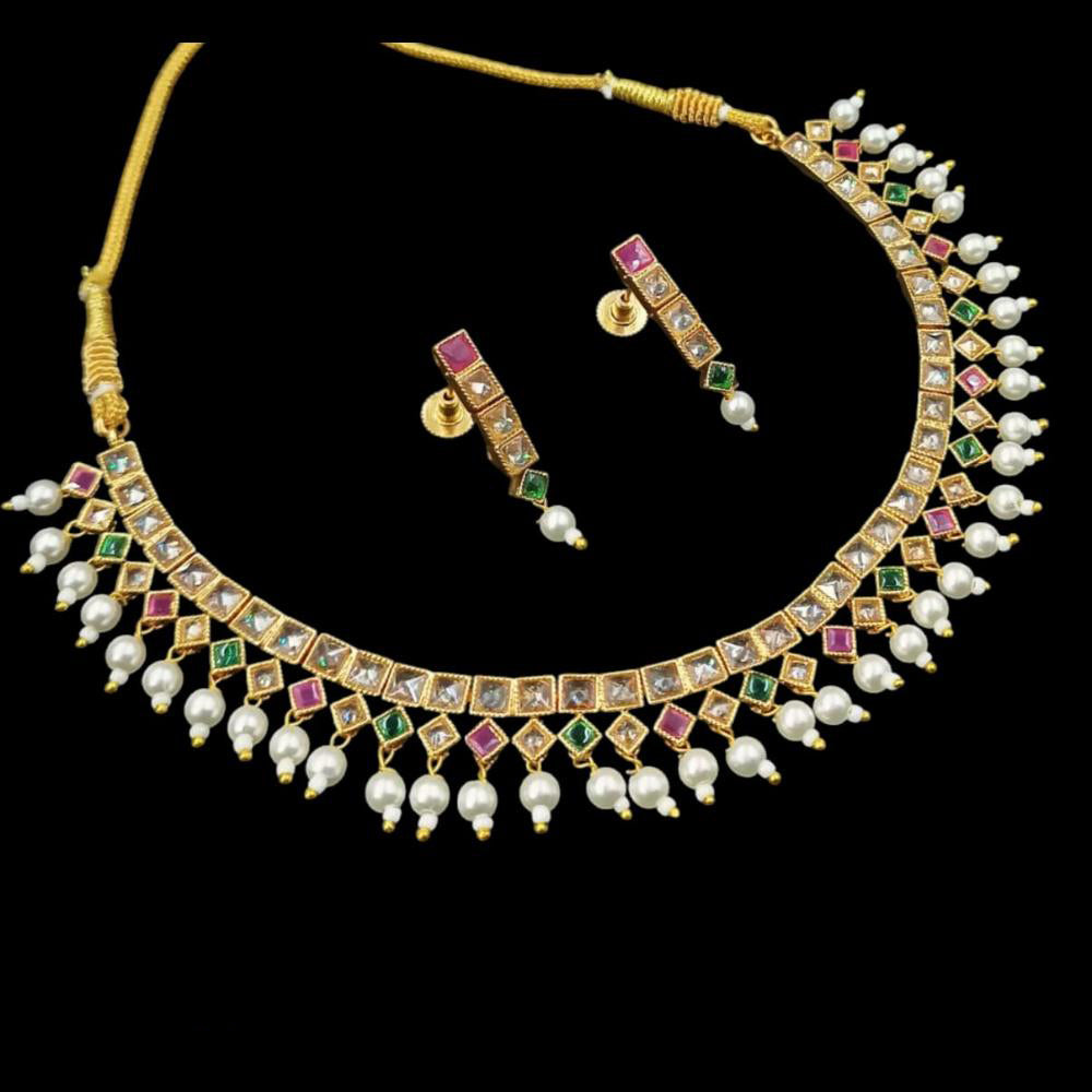 NAFJ Gold Plated Crystal Stone And Pearl Necklace Set