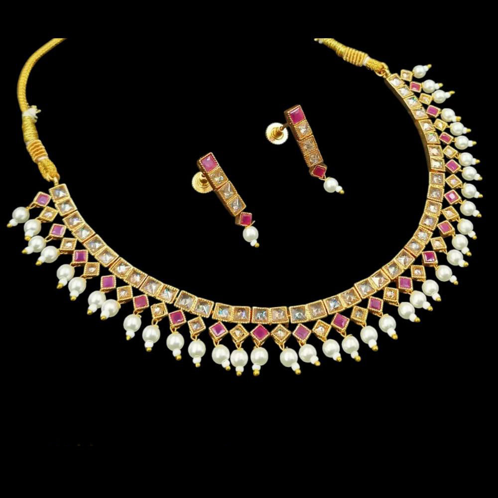 NAFJ Gold Plated Crystal Stone And Pearl Necklace Set
