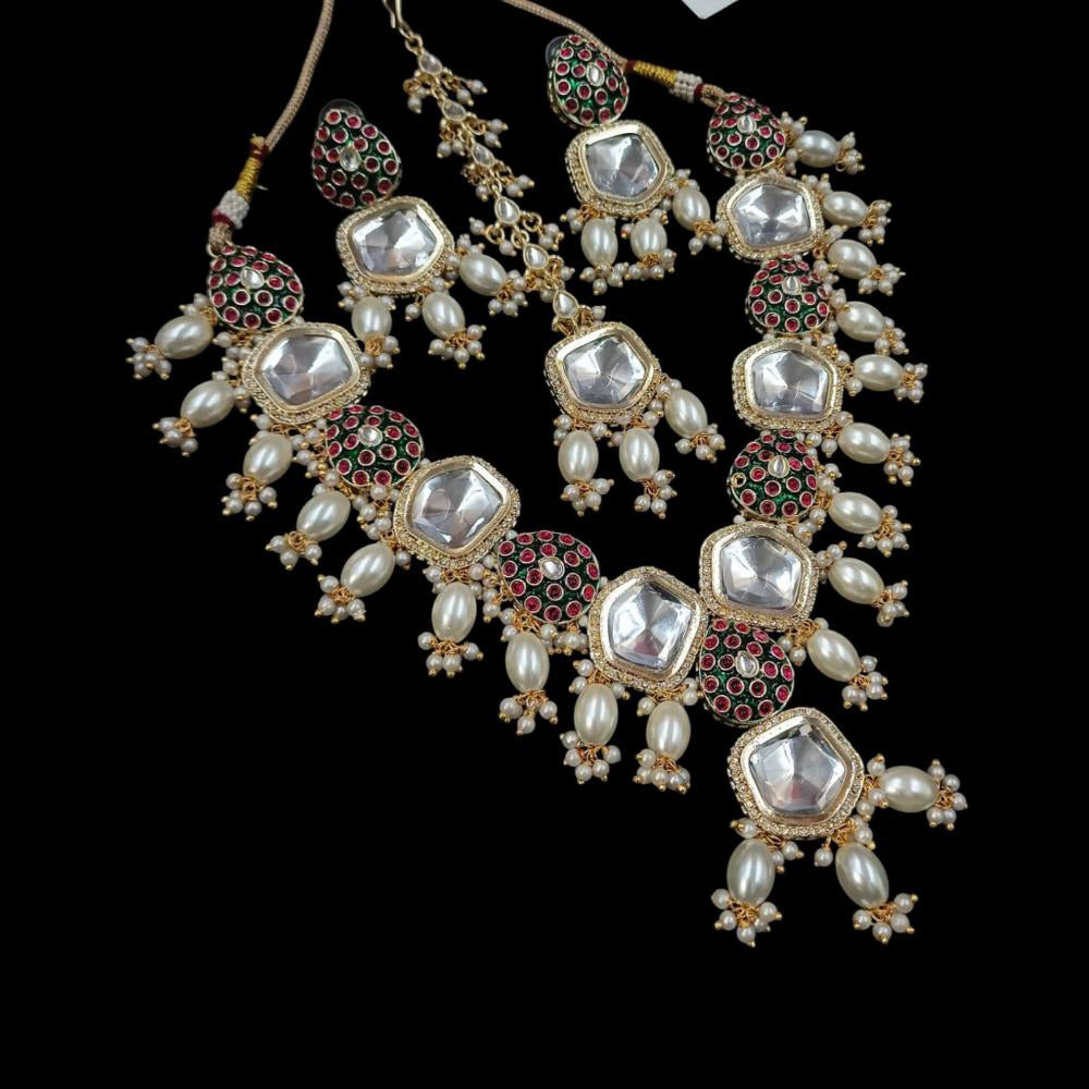 NAFJ Gold Plated Crystal Stone Pearl And Beads Necklace Set