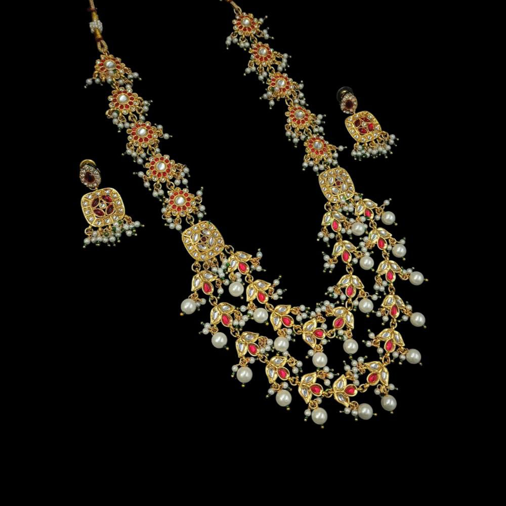 NAFJ Gold Plated Kundan Stone And Pearl Necklace Set
