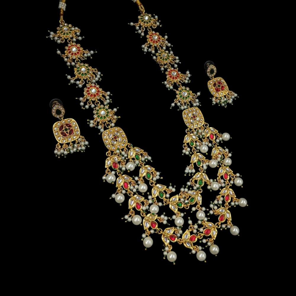 NAFJ Gold Plated Kundan Stone And Pearl Necklace Set