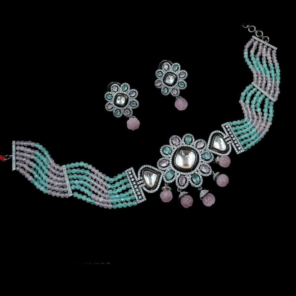 NAFJ Silver Plated American Diamond Choker Necklace Set