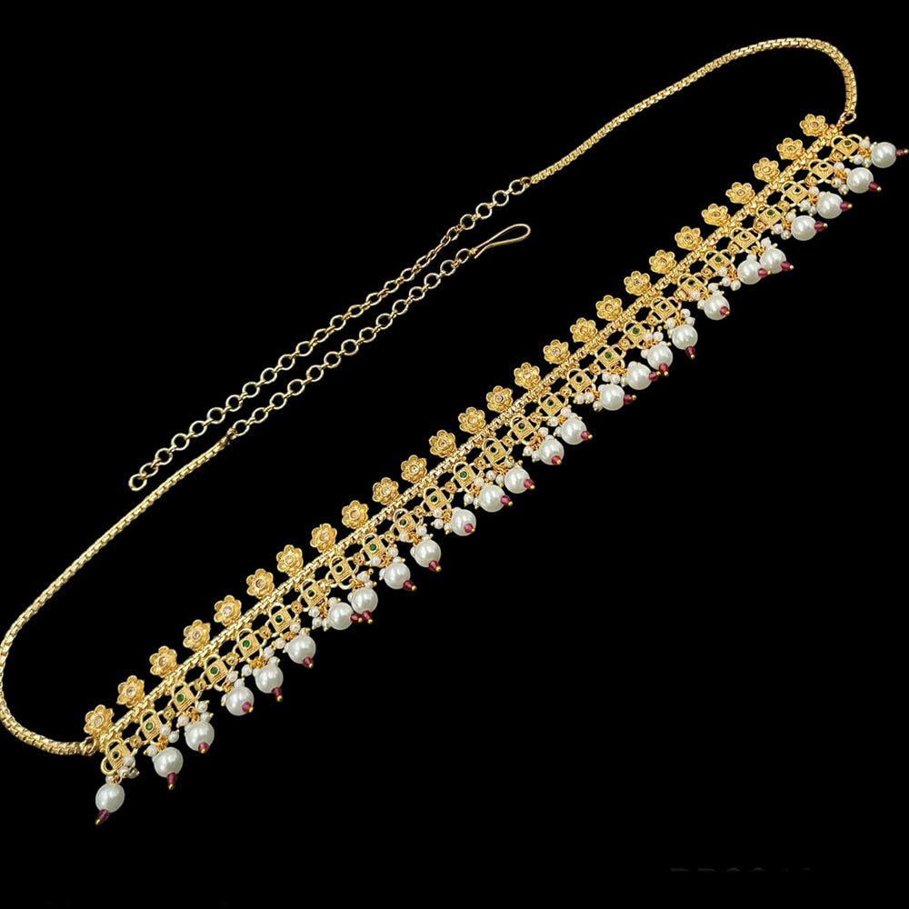 NAFJ Gold Plated Crystal Stone And Pearls Kamarbandh