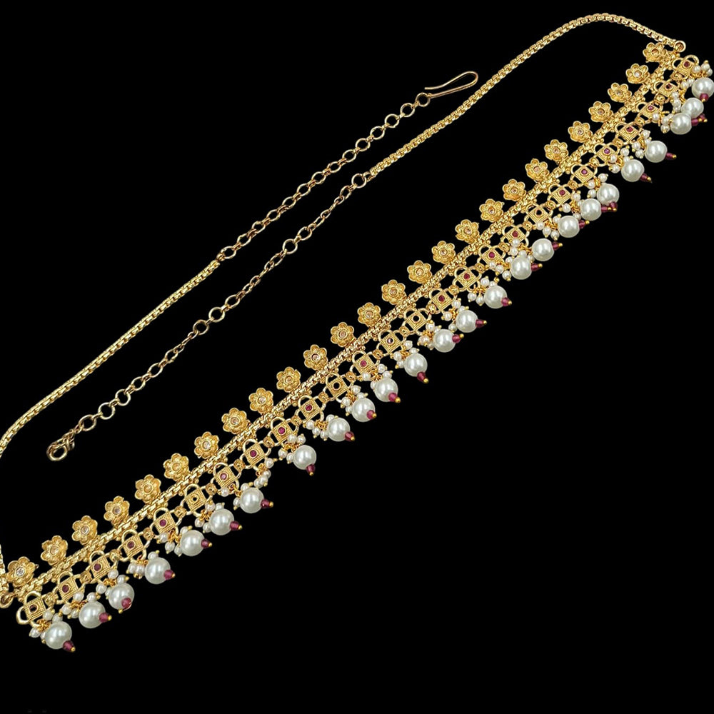 NAFJ Gold Plated Crystal Stone And Pearls Kamarbandh