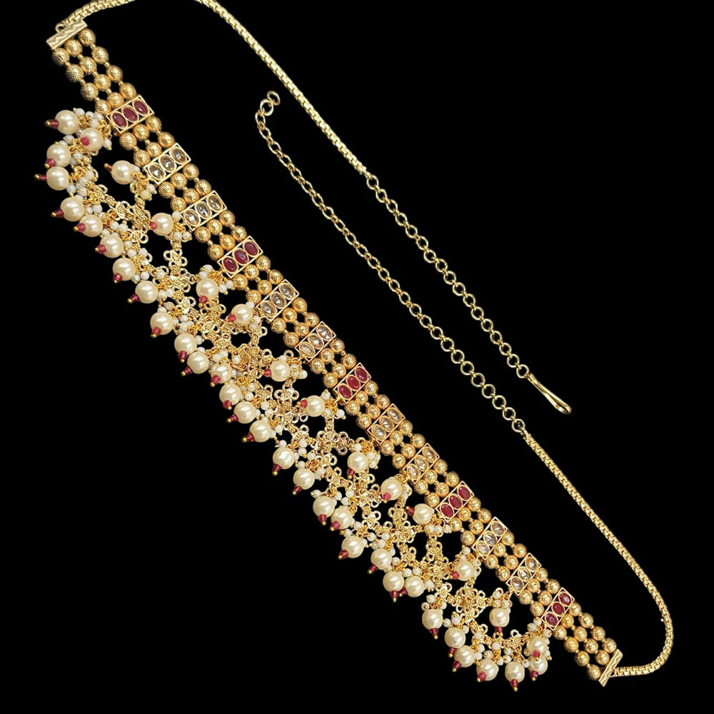 NAFJ Gold Plated Crystal Stone And Pearls Kamarbandh