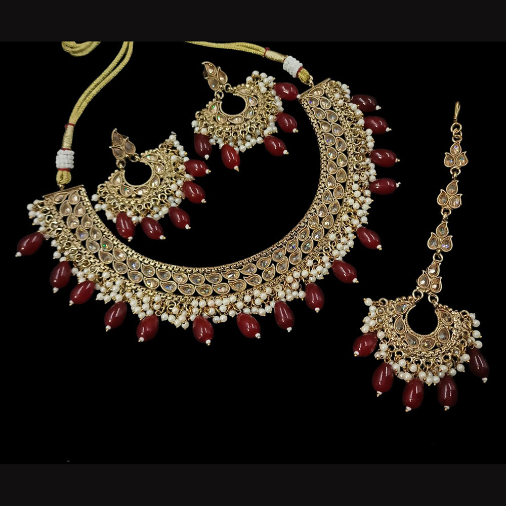 NAFJ Gold Plated Crystal Stone And Beads Necklace Set