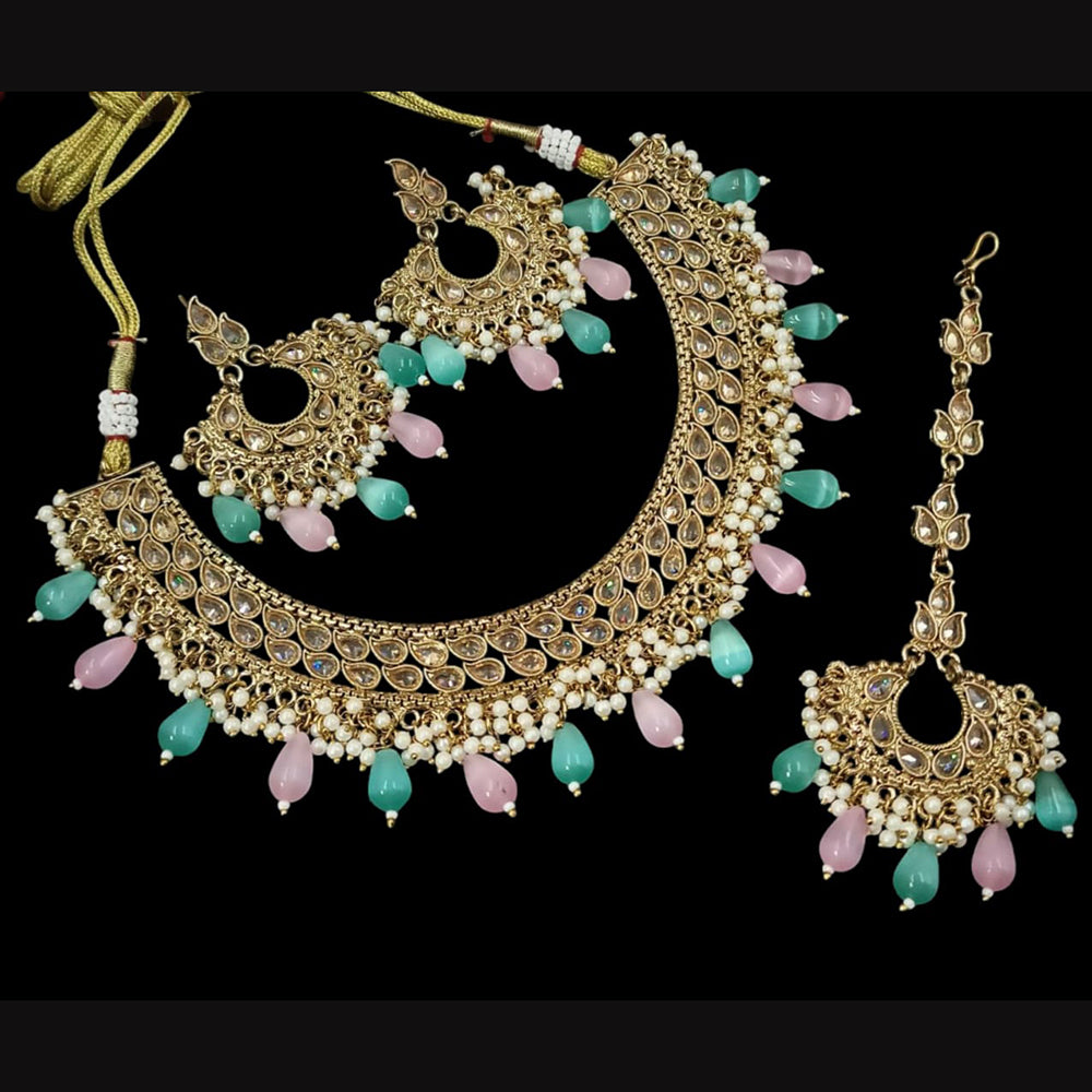 NAFJ Gold Plated Crystal Stone And Beads Necklace Set