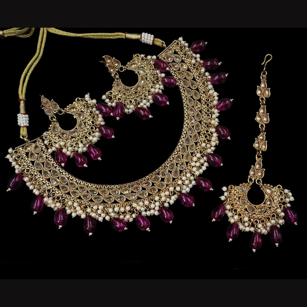 NAFJ Gold Plated Crystal Stone And Beads Necklace Set