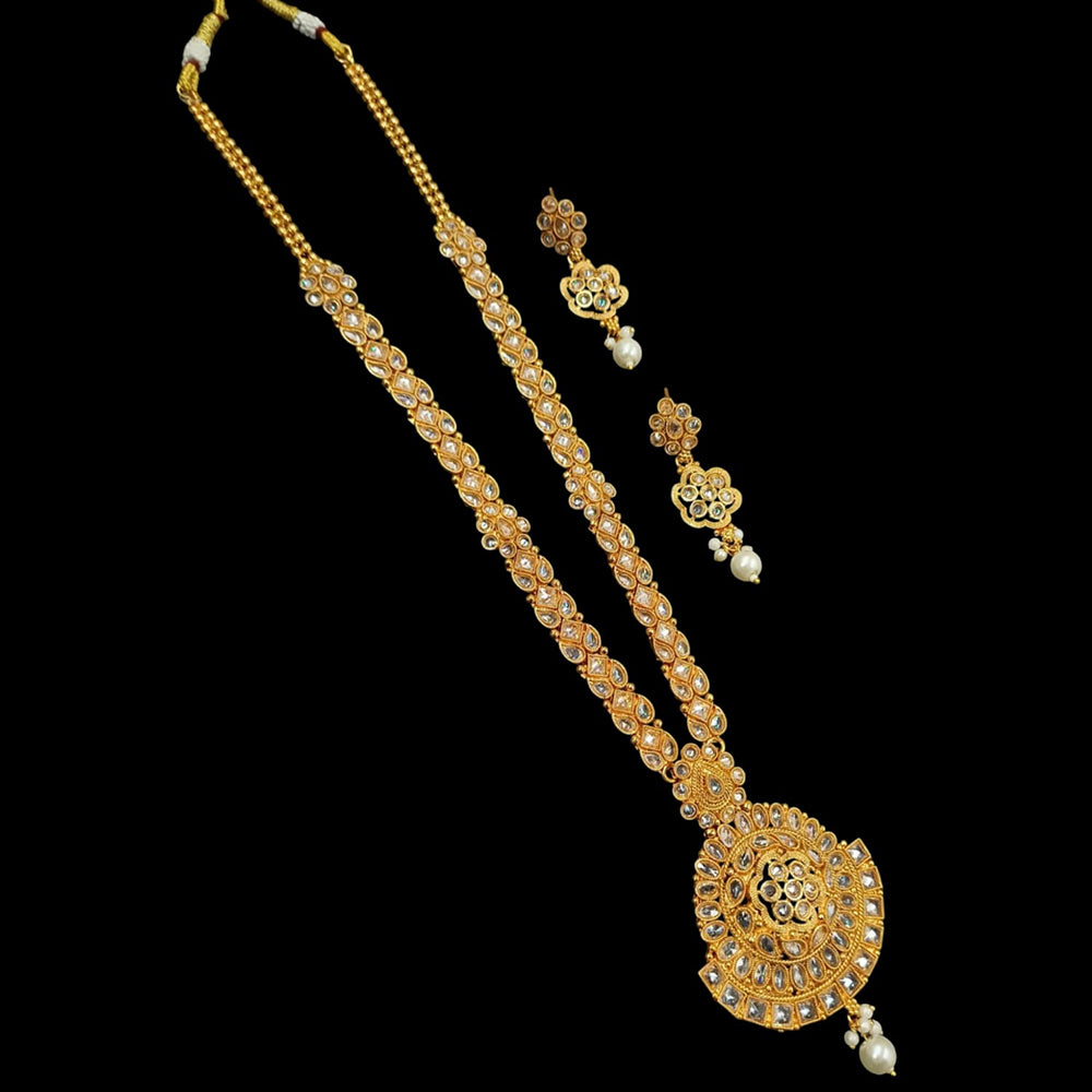 NAFJ Gold Plated Crystal Stone And Beads Long Necklace Set