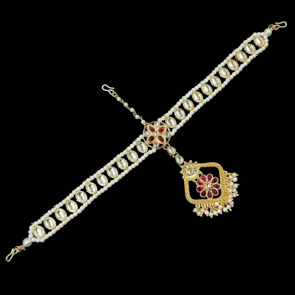 NAFJ Gold Plated Kundan Stone And Pearls Damini Maangtikka