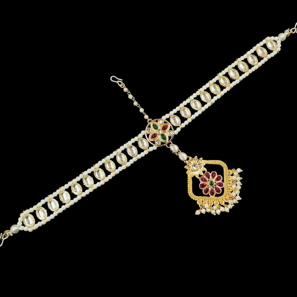 NAFJ Gold Plated Kundan Stone And Pearls Damini Maangtikka
