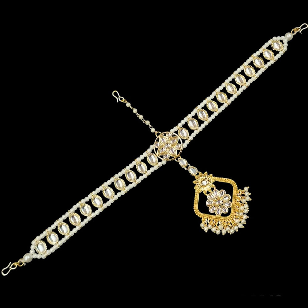 NAFJ Gold Plated Kundan Stone And Pearls Damini Maangtikka