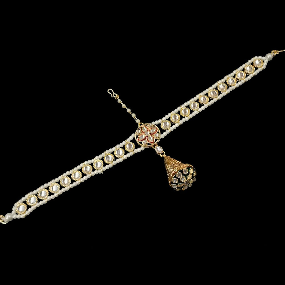 NAFJ Gold Plated Kundan Stone And Pearls Meenakari Damini Maangtikka