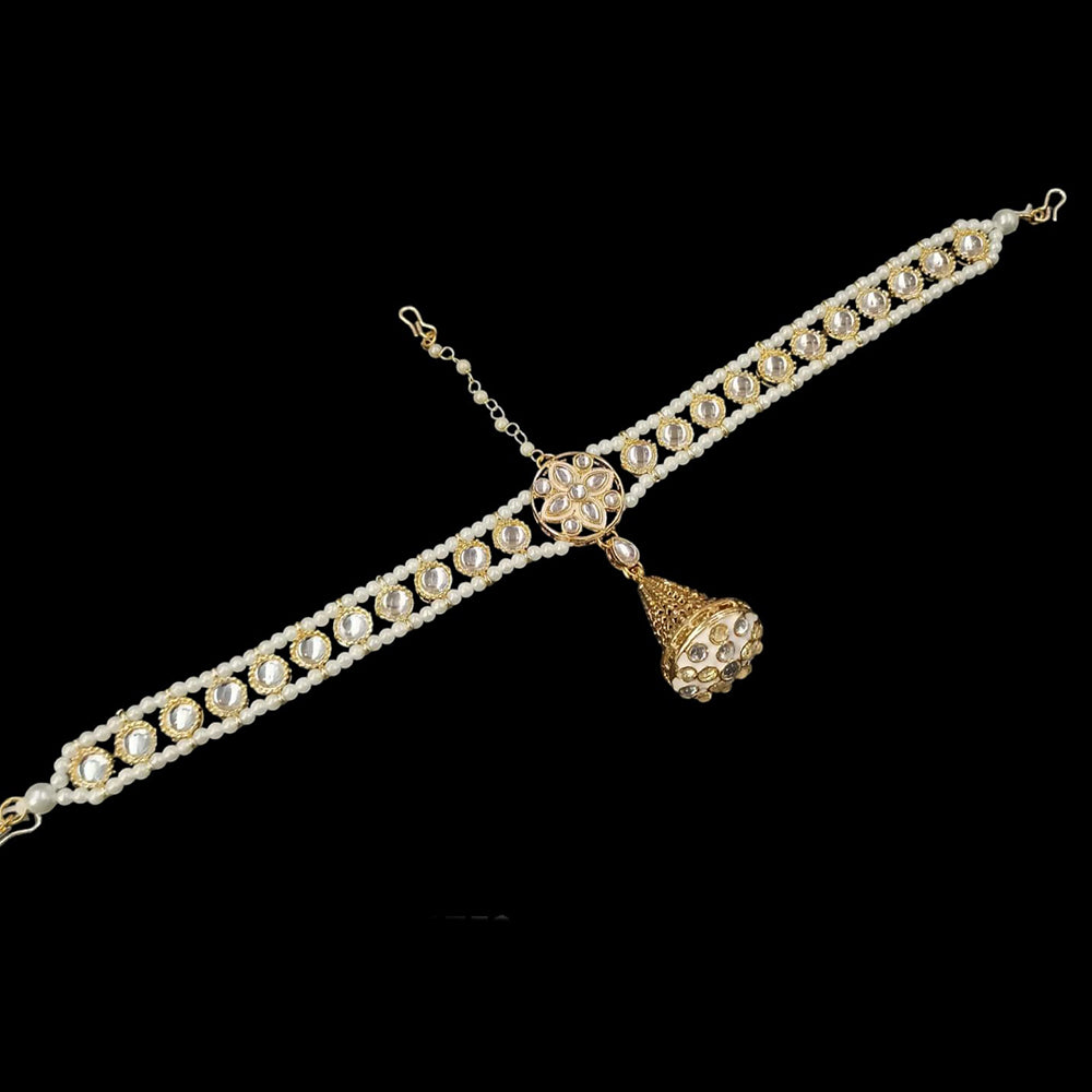 NAFJ Gold Plated Kundan Stone And Pearls Meenakari Damini Maangtikka