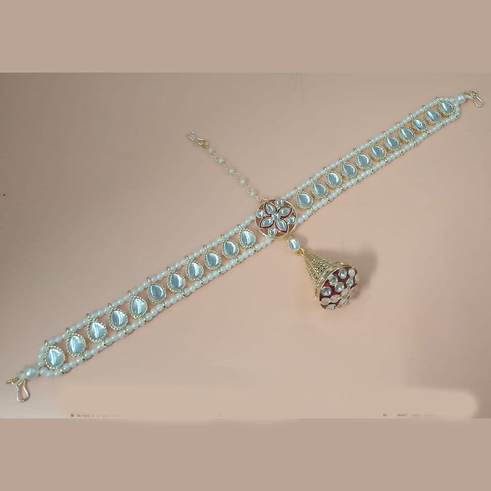 NAFJ Gold Plated Kundan Stone And Pearls Meenakari Damini Maangtikka