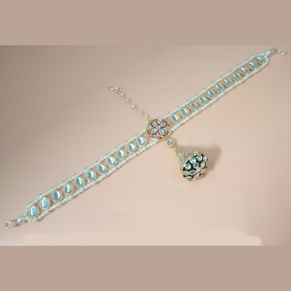 NAFJ Gold Plated Kundan Stone And Pearls Meenakari Damini Maangtikka