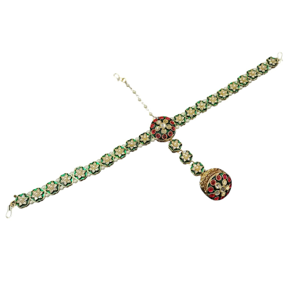 NAFJ Gold Plated Kundan Stone And Pearls Meenakari Damini Maangtikka