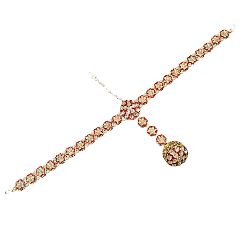 NAFJ Gold Plated Kundan Stone And Pearls Meenakari Damini Maangtikka