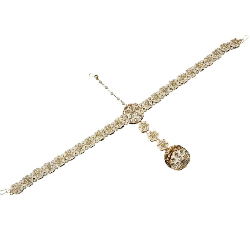 NAFJ Gold Plated Kundan Stone And Pearls Meenakari Damini Maangtikka