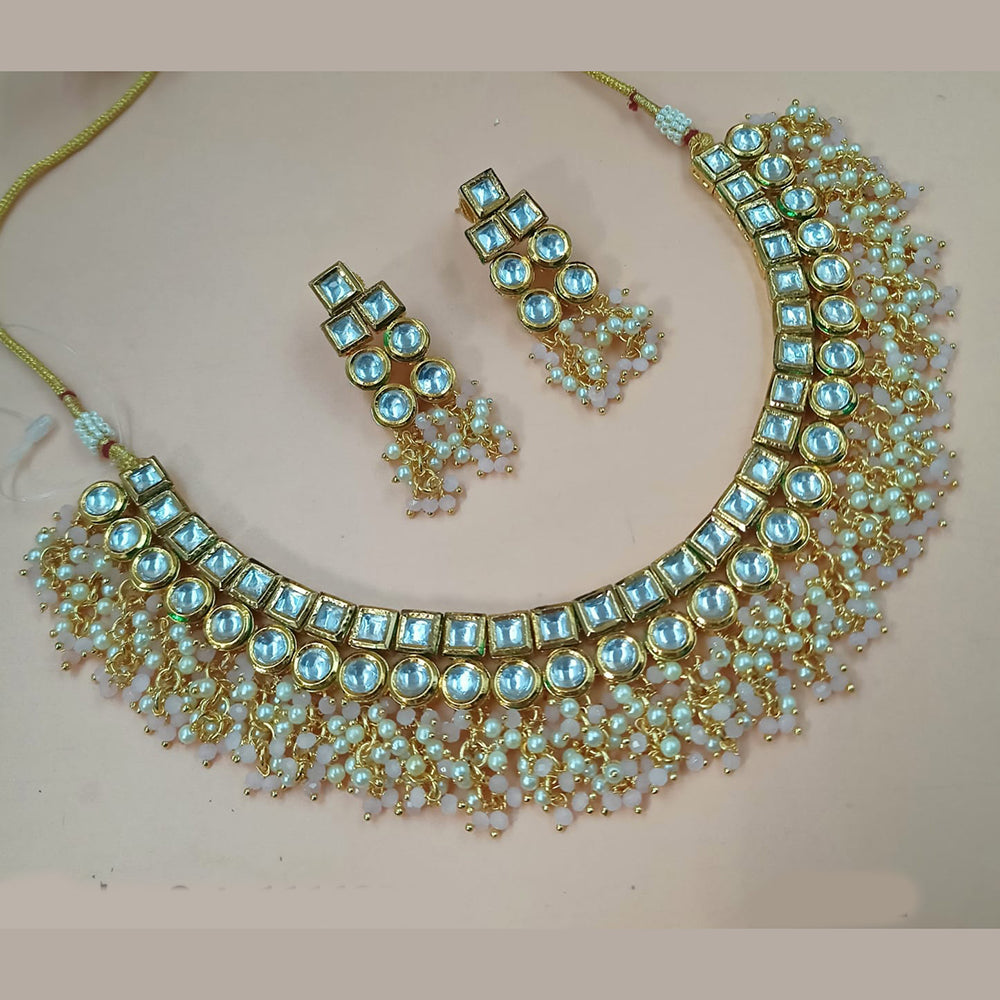 NAFJ Gold Plated Kundan Stone And Pearl Necklace Set