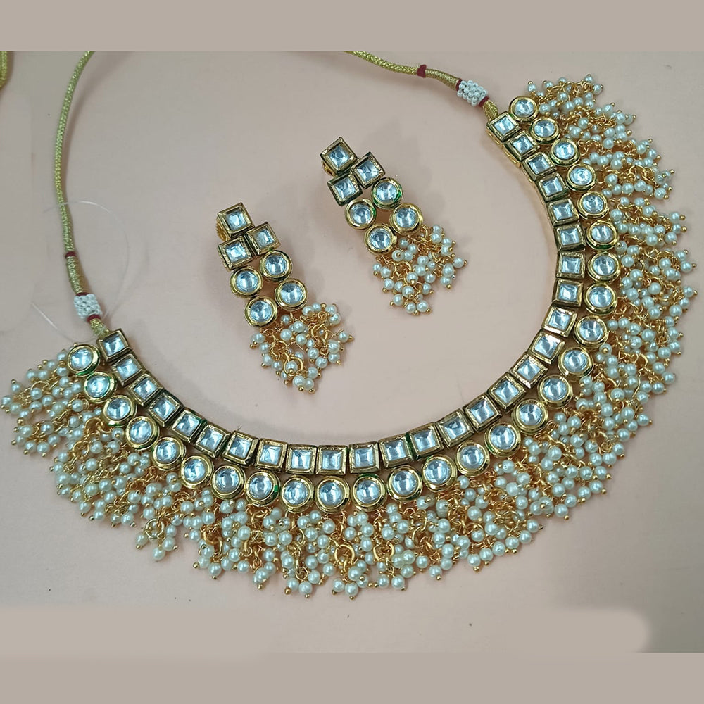 NAFJ Gold Plated Kundan Stone And Pearl Necklace Set