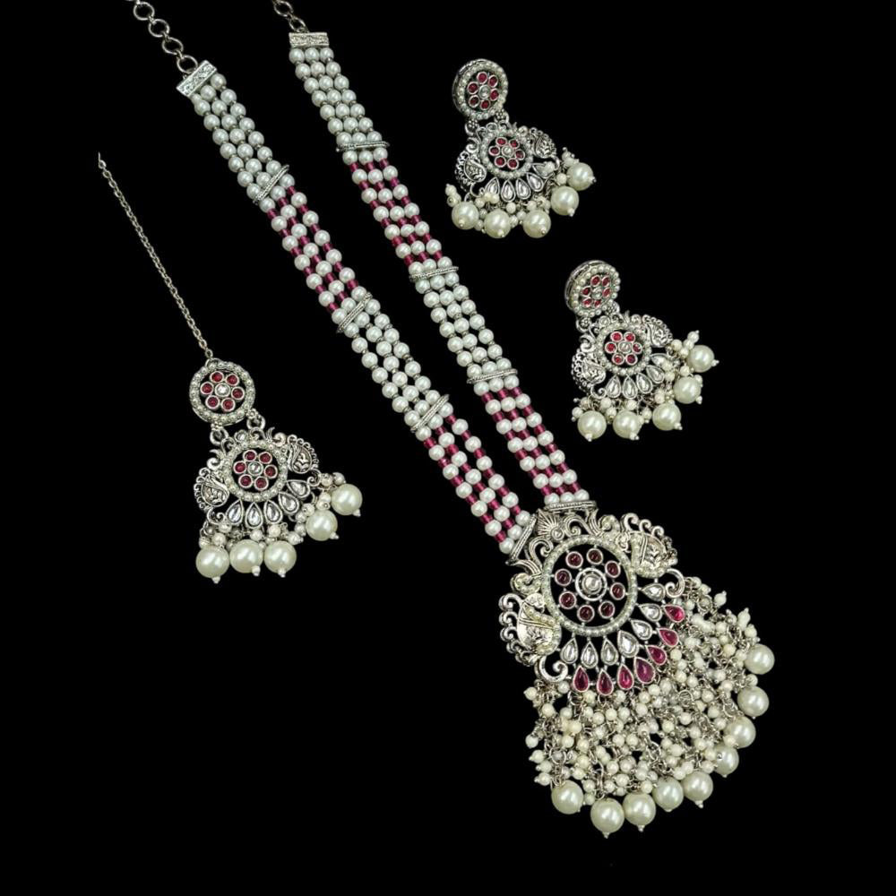 NAFJ Silver Plated Kundan Stone And Pearl Long Necklace Set