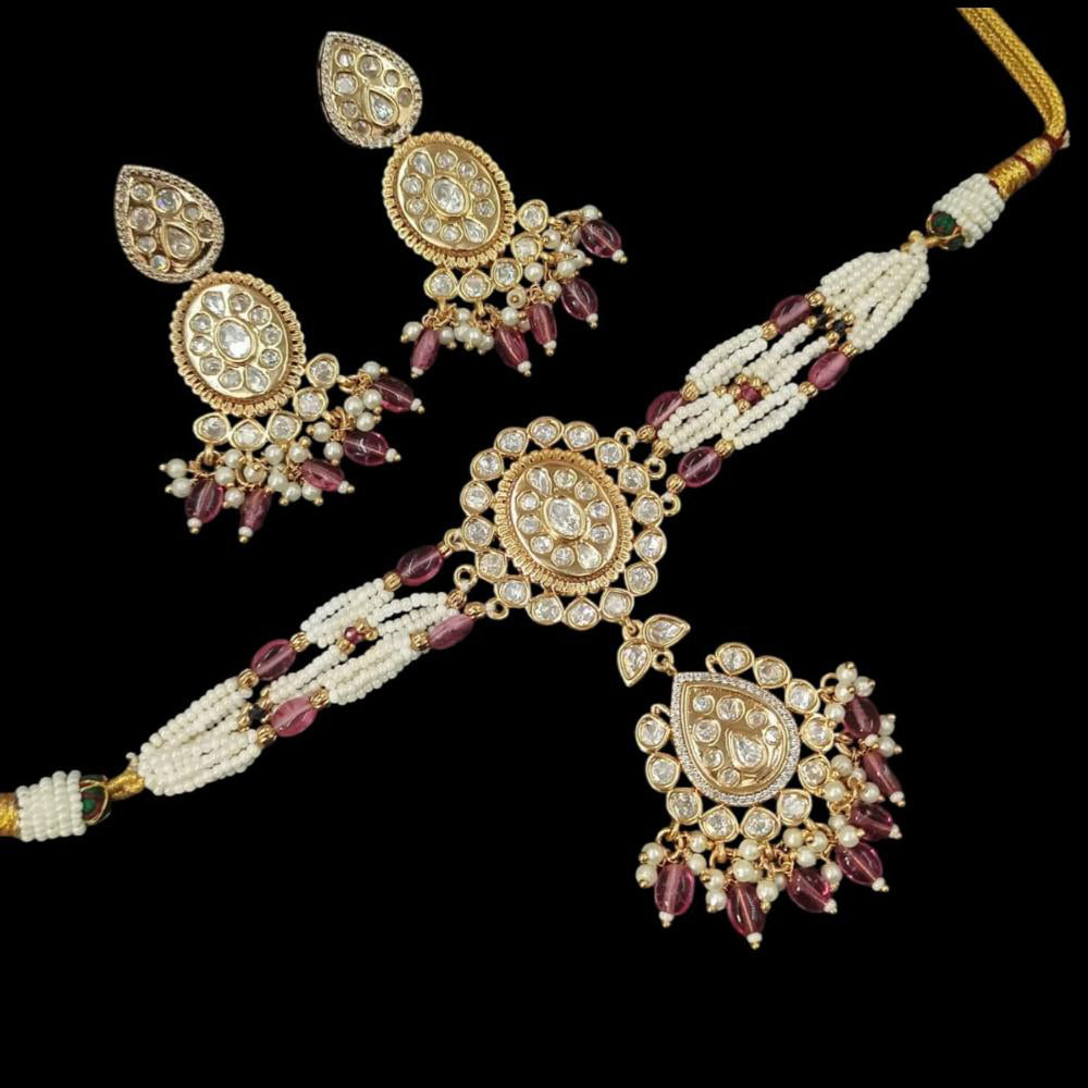NAFJ Gold Plated Polki Kundan Stone And Pearl Choker Necklace Set