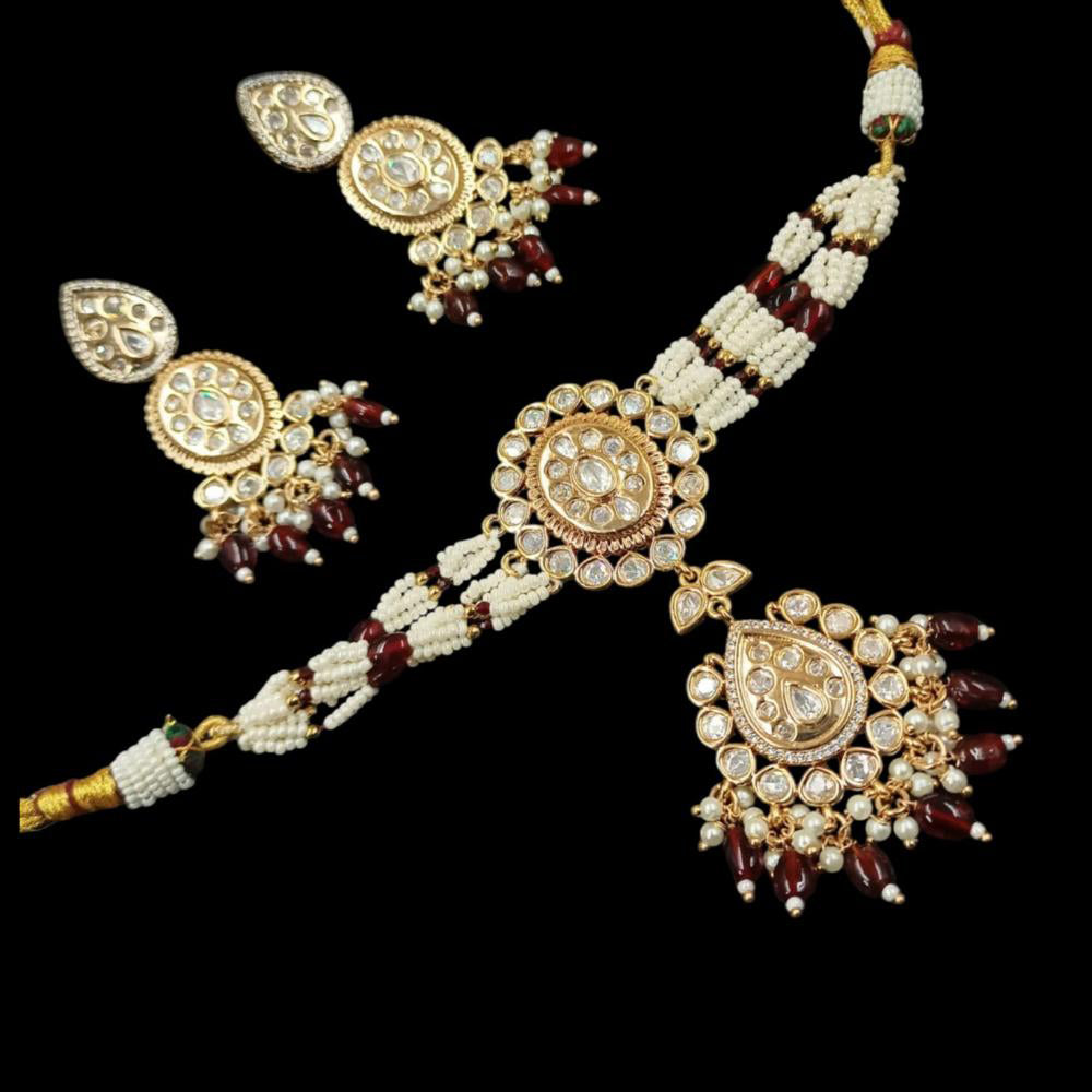 NAFJ Gold Plated Polki Kundan Stone And Pearl Choker Necklace Set