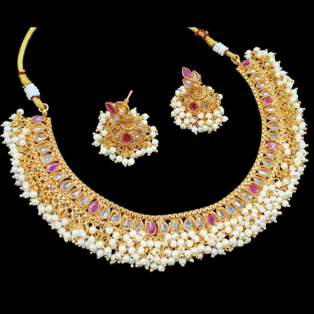 NAFJ Copper Gold Plated Pota Stone And Pearl Necklace Set