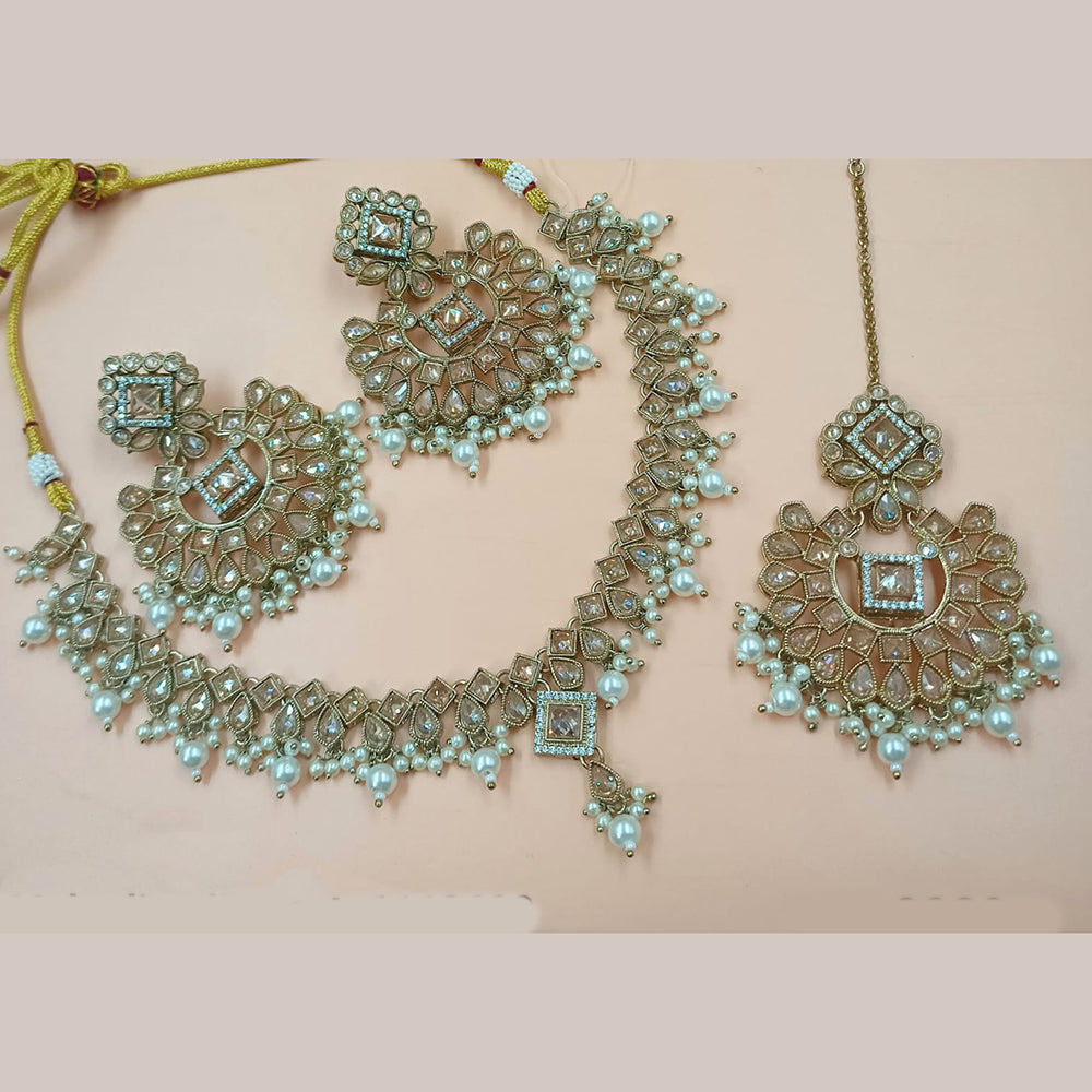 NAFJ Mehndi Plated Crystal Stone And Pearl Necklace Set