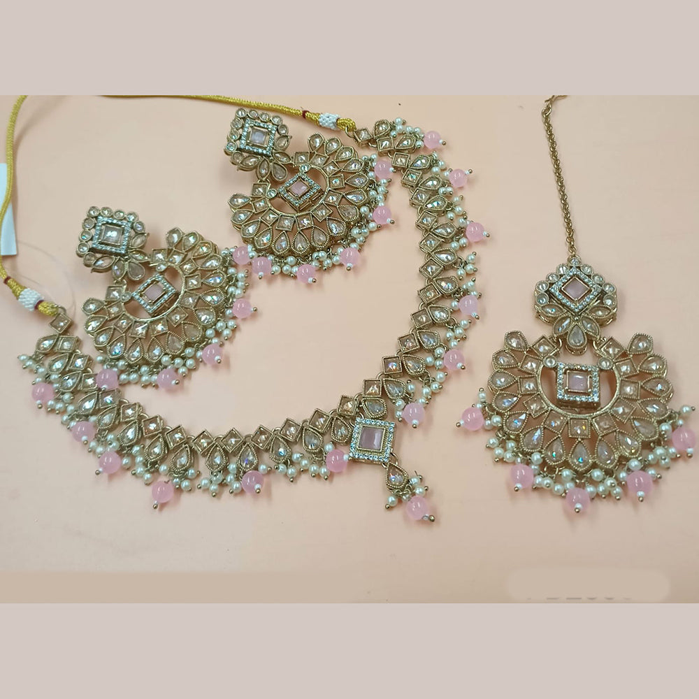 NAFJ Mehndi Plated Crystal Stone And Pearl Necklace Set