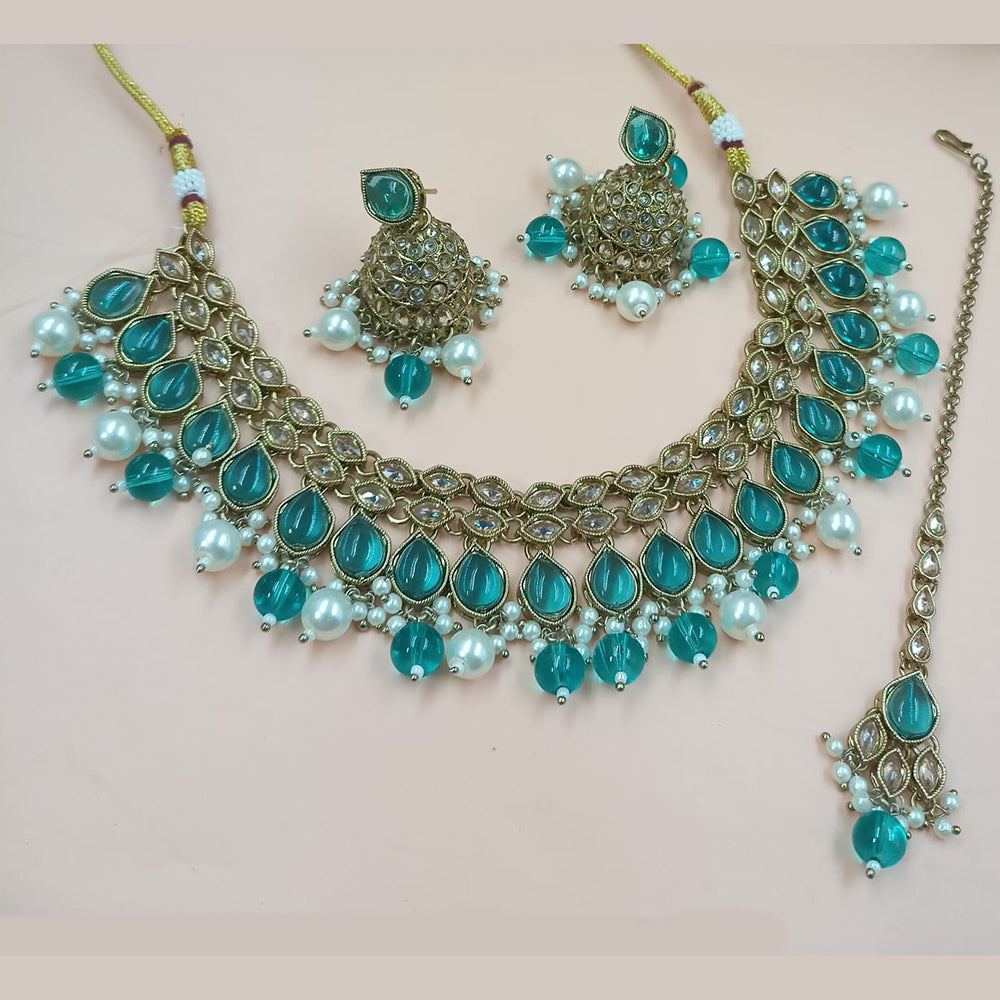 NAFJ Mehndi Plated Crystal Stone And Pearl Necklace Set
