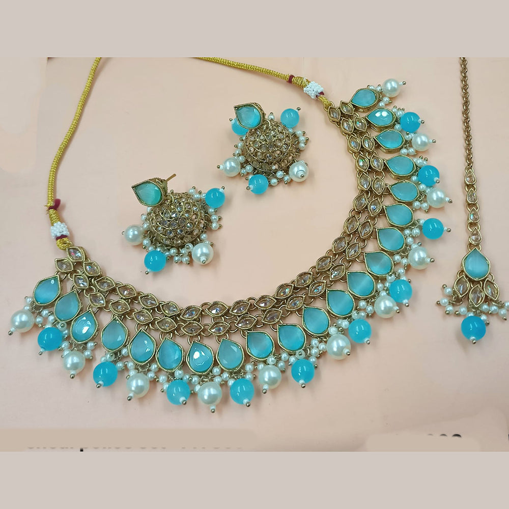 NAFJ Mehndi Plated Crystal Stone And Pearl Necklace Set