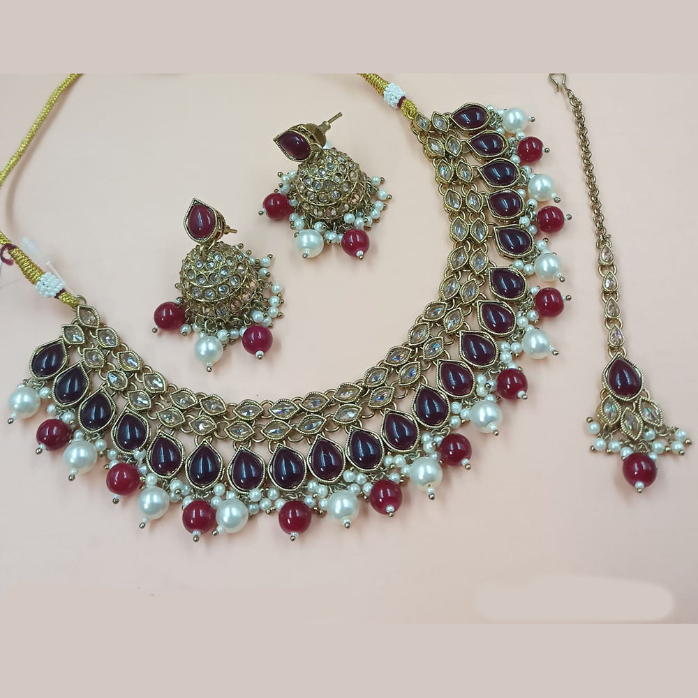 NAFJ Mehndi Plated Crystal Stone And Pearl Necklace Set