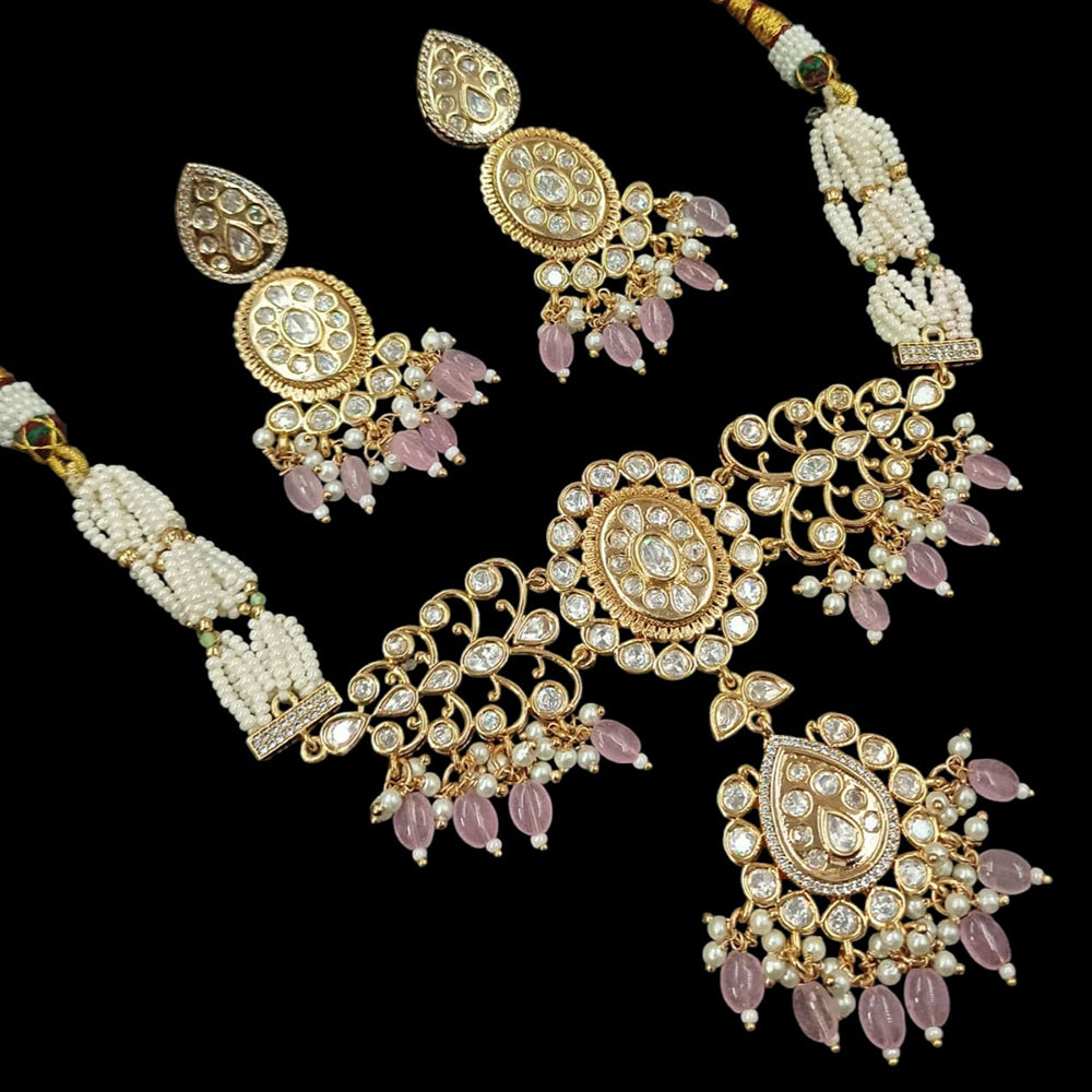 NAFJ Gold Plated Polki Kundan Stone And Beads Choker Necklace Set