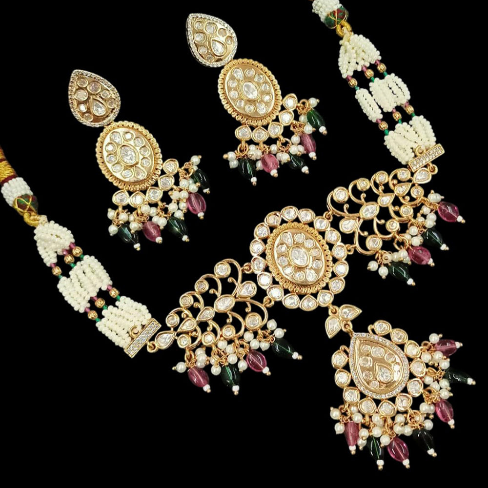 NAFJ Gold Plated Polki Kundan Stone And Beads Choker Necklace Set