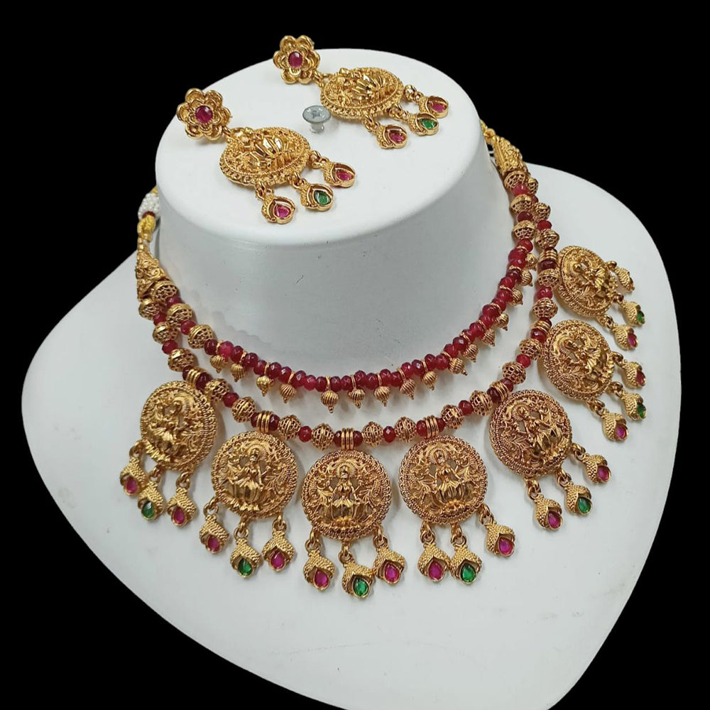 NAFJ Gold Plated Pota Stone And Pearls Temple Necklace Set