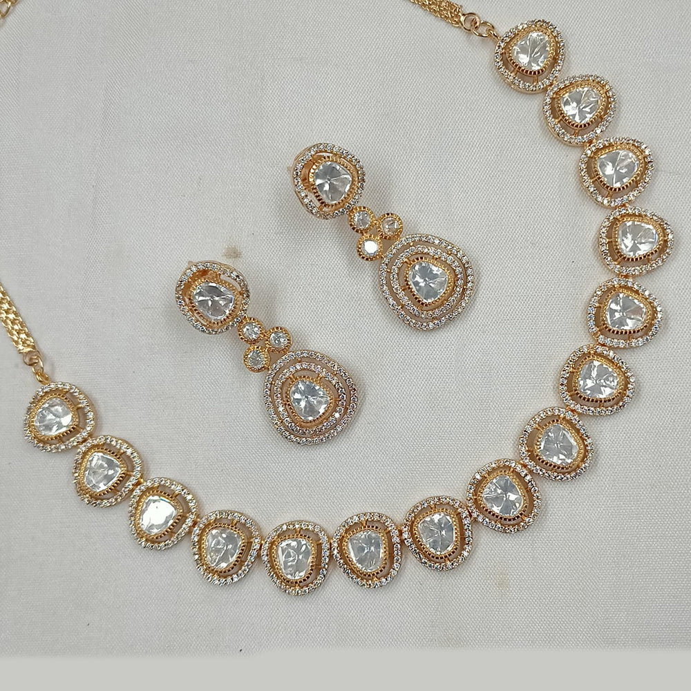 NAFJ Gold Plated Polki Kundan Stone Necklace Set