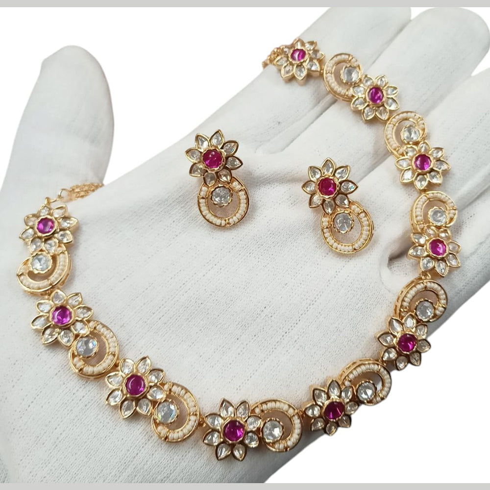 NAFJ Gold Plated Polki Kundan Stone And Pearl Necklace Set