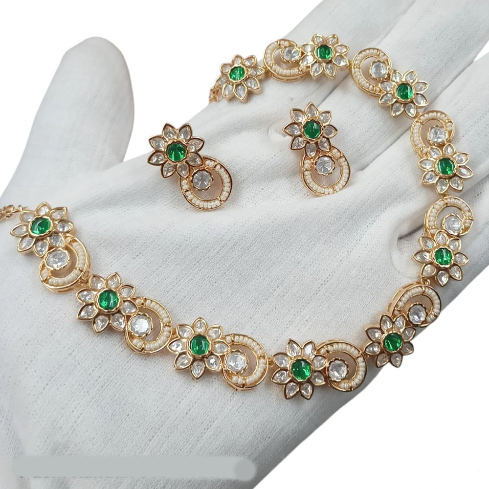 NAFJ Gold Plated Polki Kundan Stone And Pearl Necklace Set