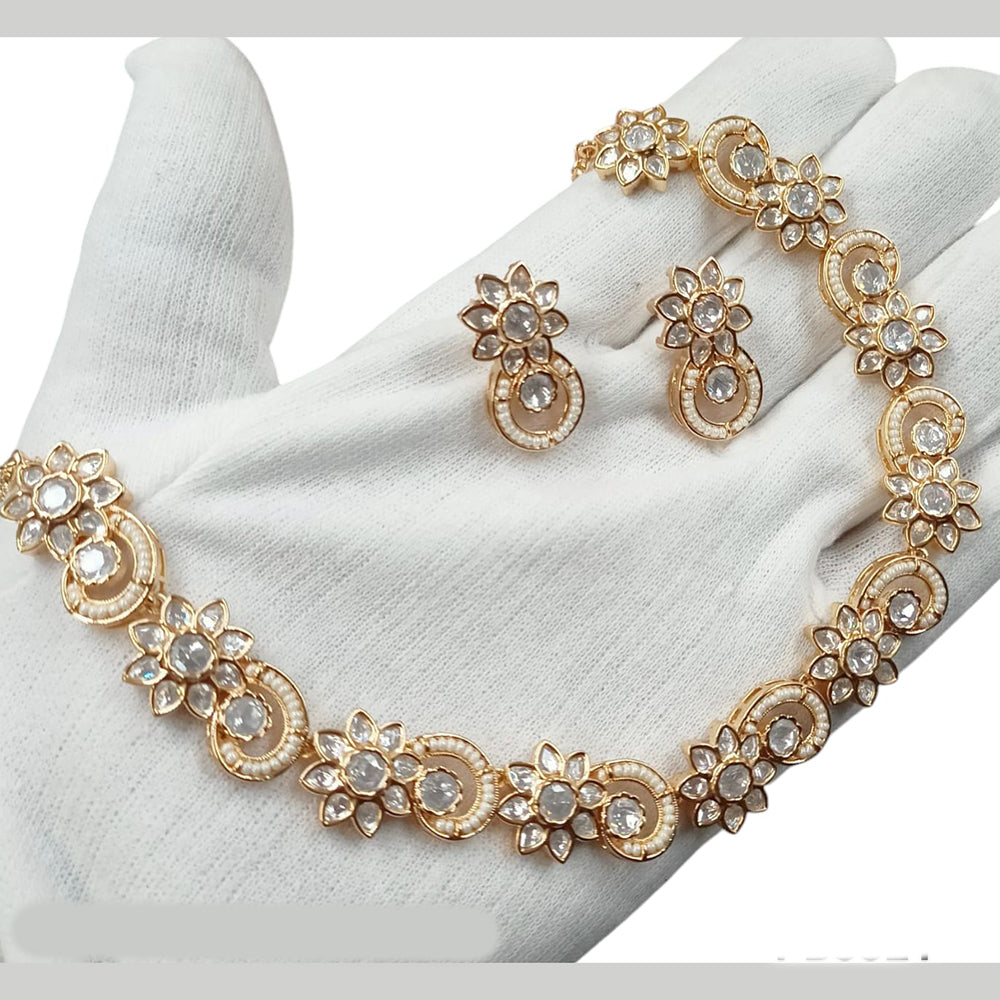 NAFJ Gold Plated Polki Kundan Stone And Pearl Necklace Set