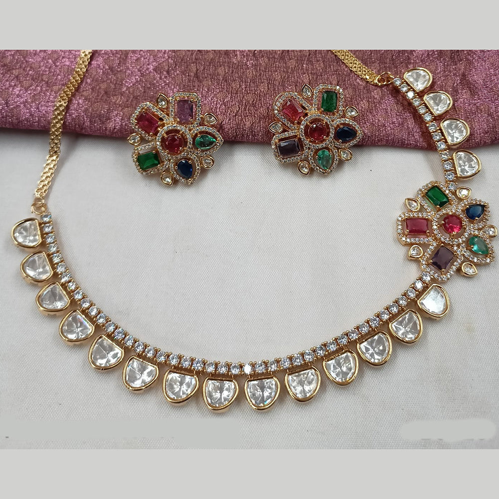 NAFJ Gold Plated Polki Kundan Stone Necklace Set