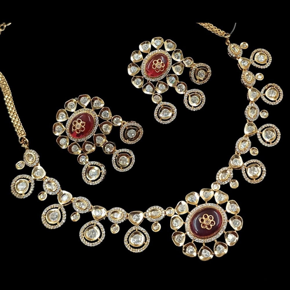 NAFJ Gold Plated Polki Kundan Stone Necklace Set
