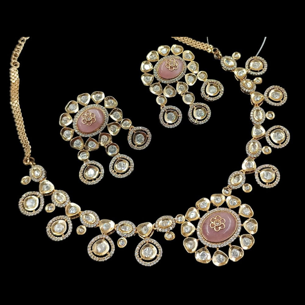 NAFJ Gold Plated Polki Kundan Stone Necklace Set